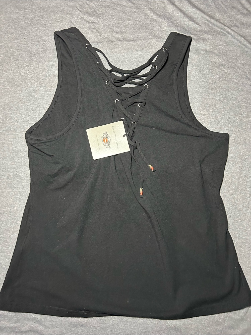 Harley-Davidson Black Lace-Up Camisole Tank with Rust Feather Graphic - Picture 6 of 9